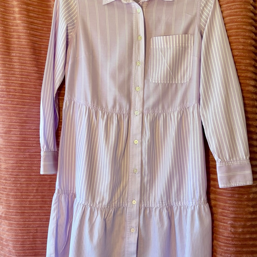 Loft Striped lavender and white Cotton Shirt dress. 3/4 length sleeves. - Picture 2 of 10
